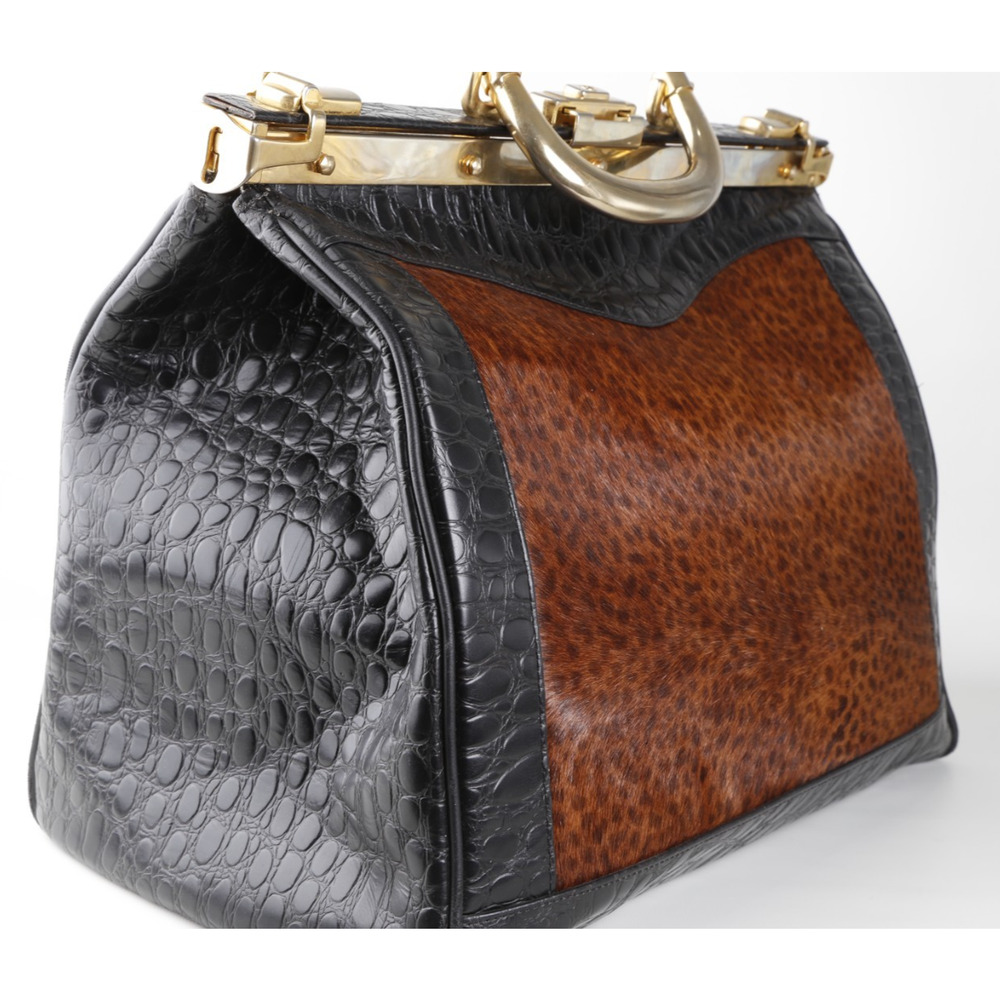Rare Vintage L’ior Structured Doctor Frame Bag Croc Embossed Leather Calf Hair - Picture 5 of 16